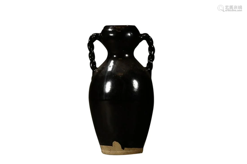 DING WARE BLACK GLAZED VASE WITH HANDLES