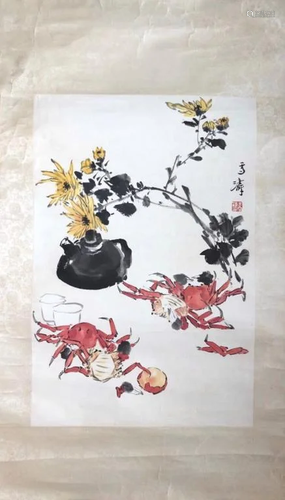 Chinese Ink Color Painting w Red Seal