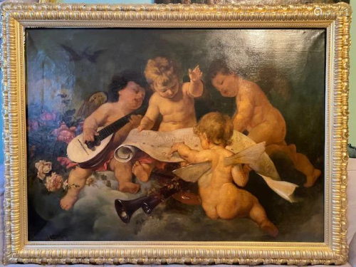 large Allegory figural putty cherubs Oil on Canvas