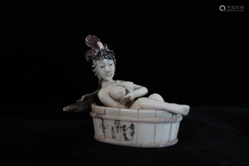 Japanese Erotic Subject Bone Carved Bath Lady w