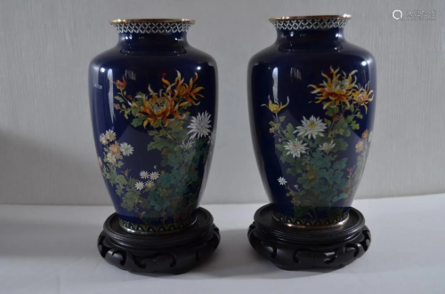 Pair of Japanese Silver Cloisonne Vases