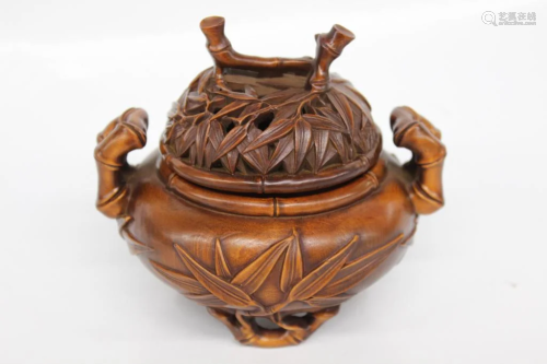 Chinese Bamboo Carved Cover Incense Burner