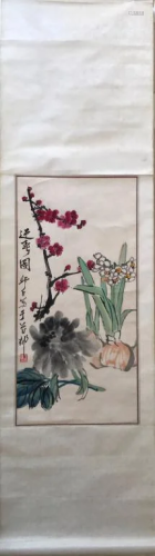 Chinese Ink Color Scroll Painting w Calligraphy