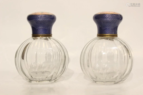 Pair of Glass Perfumer Bottle w Enamel Top