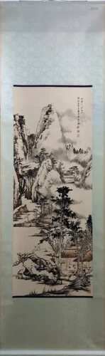 Chinese Ink Color Scroll Painting w Calligraphy