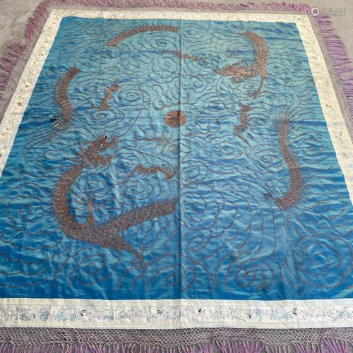 large Antique Chinese Blue Silk Satin Wall HangingPanel