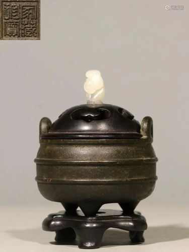 Republican Chinese Bronze Tripod Censer w Jade Fin