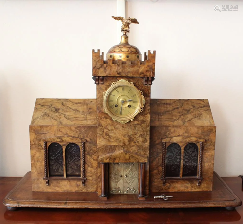 19th.C French Burl Wood Clock w key