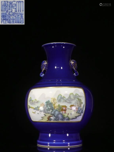 Chinese Hand Paint Famille Rose Blue Ground Vase