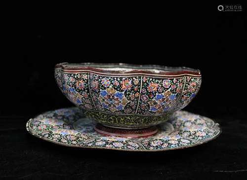 Person Enamel on Copper Bowl and Saucer