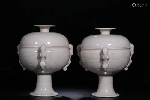 Pair Chinese White Glazed Porcelain Cover Vases