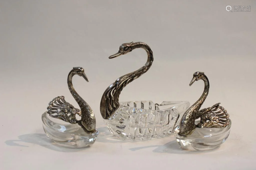 3 Silver and Glass Swans