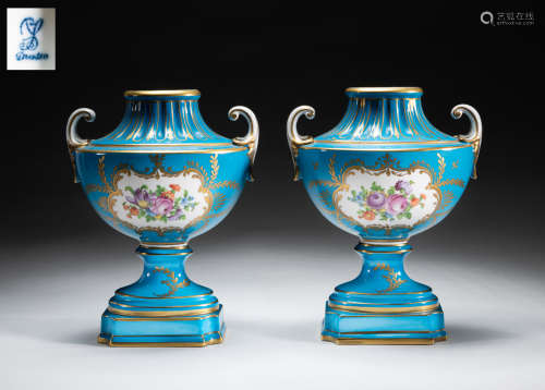 Pairs Collectible France Enameled Porcelain Urns