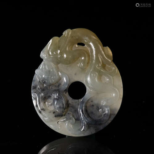 Chinese Black White Jade Carving Dragon Bi