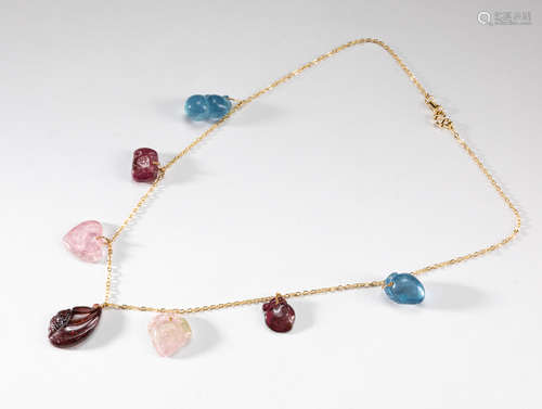 Designed 18K G/F Tourmaline Aquamarine Necklace