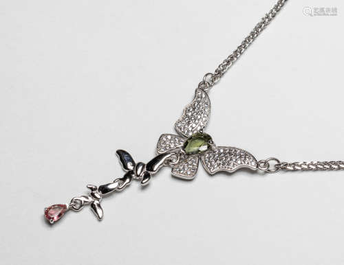 Designed Sterling Tourmaline Butterfly Pendant Necklace