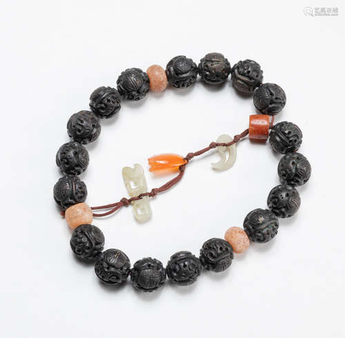 Chinese Carved Agarwood Jade Prayer Beads