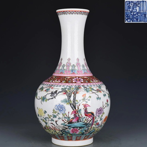 Famille Rose Flower and Bird Vase Qianlong Style