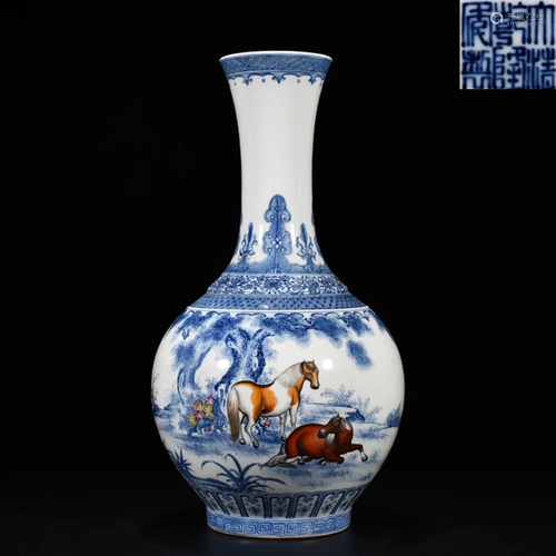 Blue and White Famille Rose Horse Vase Qianlong Style