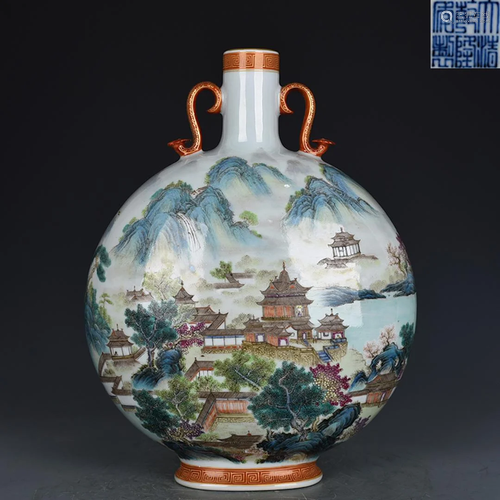 Famille Rose Landscape Vase Qianlong Style