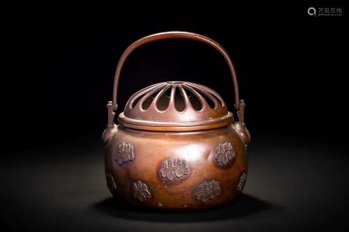 大明宣徳年製款 古銅造 桐葉紋 手焙 手炉