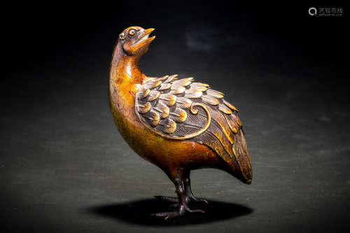 亀女款 古銅造 鶉鳥紋 香炉