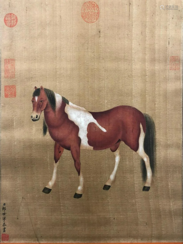 A Chinese Scroll Painting By Lang Shining