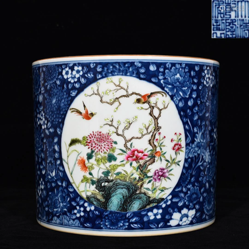 Blue and White Flower and Bird Brushpot Qianlong Style