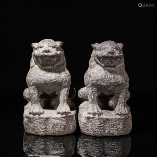 Pair Carved Stone Lions