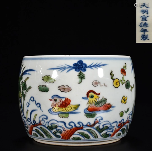 Blue and White Wucai Mandarin Duck Jar Xuande Style