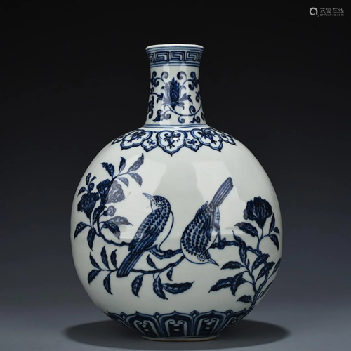 Blue and White Bird and Flower Vase Xuande Style