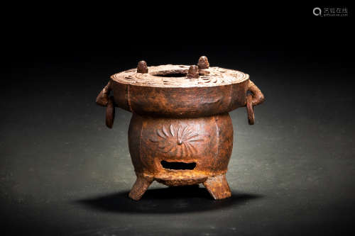大正時代 鉄地陽刻花紋 涼炉 煎茶道具