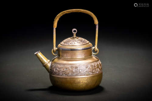 古銅造 陽刻龍紋 砲口銅瓶 湯沸
