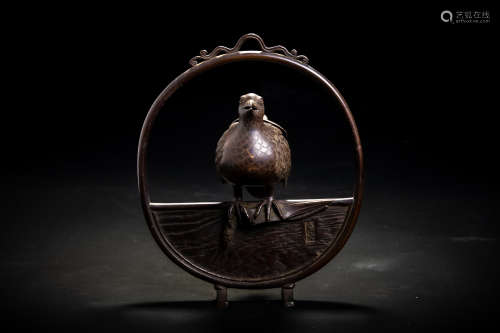 亀女款 古銅造 鳥紋 吊香炉
