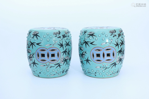 Pair Turquoise Glazed Famille Rose Garden Stools