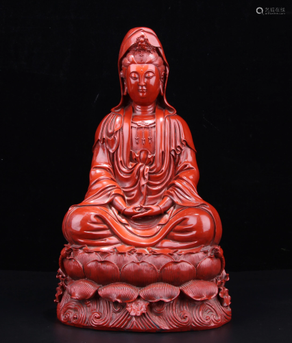 Carved Cinnabar Lacuqer Seated Guanyin