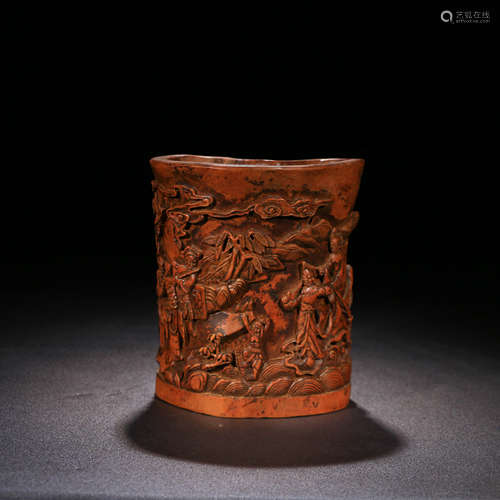 A Figures Relief Boxwood Carved Brush Pot