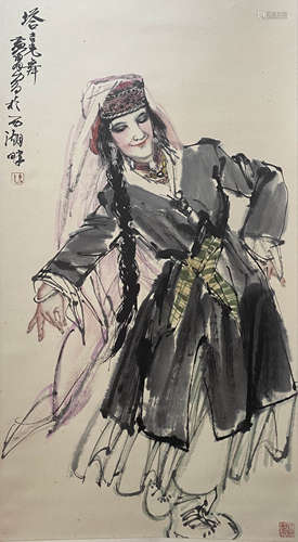 A Chinese Figure Painting Scroll, Huang Zhou Mark