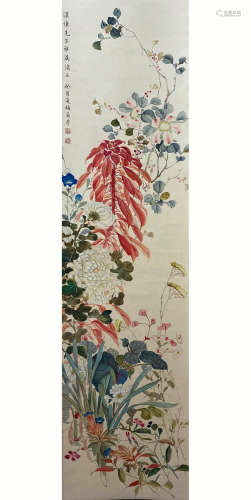 A Chinese Flowers&birds Painting Scroll, Mei Lanfang Mark