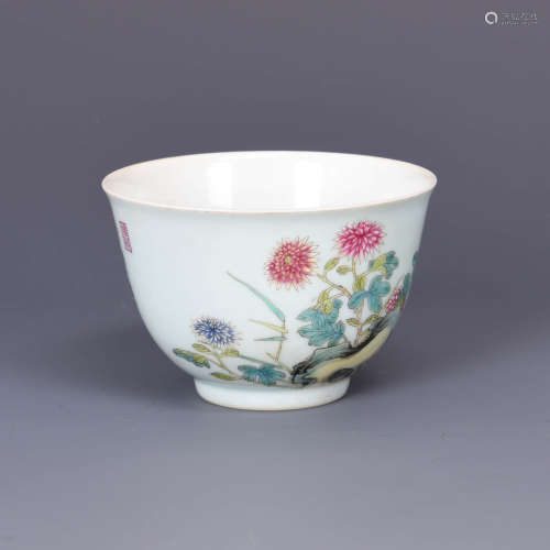A Famille Rose Floral Porcelain Inscribed Cup