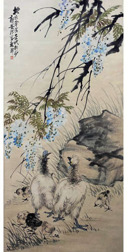 A Chinese Flowers&birds Painting Scroll, Cheng Zhang Mark