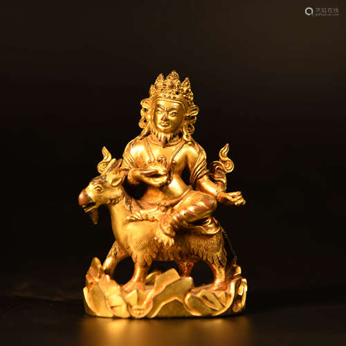 A Gild Bronze Statue of Dharmapala Riding A Sheep