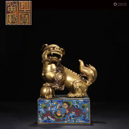 A Gild Bronze Cloisonne Enamel Lion Handle Seal