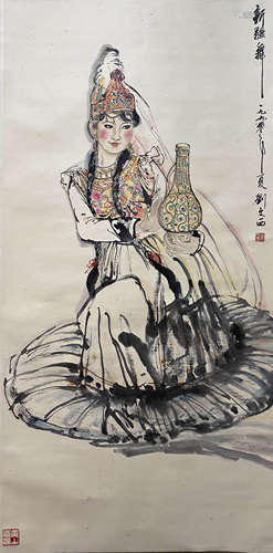 A Chinese Figure Painting Scroll, Liu Wenxi Mark