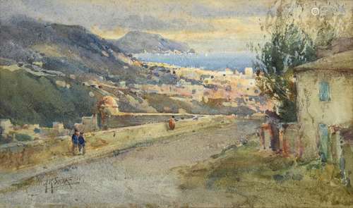 Arthur Reginald Smith ARA, RSW, RWS (1871-1934) Figures approaching a Continental coastal town