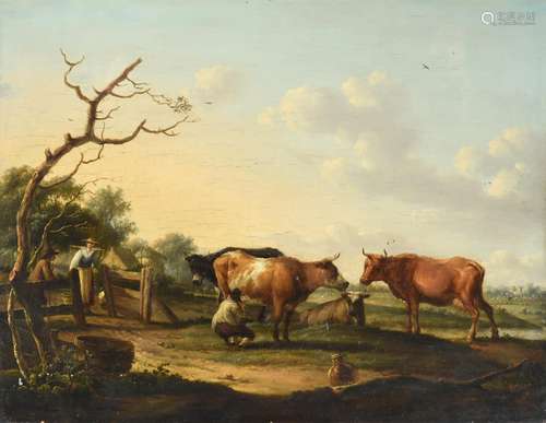 Dionys van Dongen (1748-1819) Dutch Milking the herd - countryfolk and cattle in an extensive