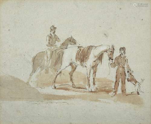 Circle of Peter Tillemans (1684-1734) Flemish Horses with their groomsmen Mixed media on coloured