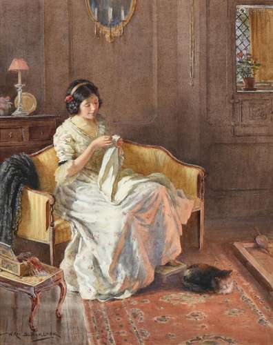 William Kay Blacklock (1872-1924) A quiet moment - a lady undertaking needlework by the fireside