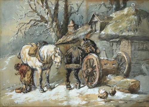 Harden Sidney Melville (1824-1894) A blacksmith shoeing a horse outside a thatched cottage in winter