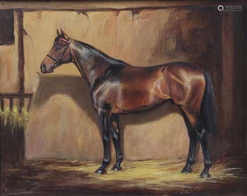 Frank Geere (1931-1991) Study of a Bay Horse in a stable Signed and dated (19)85, oil on canvas,